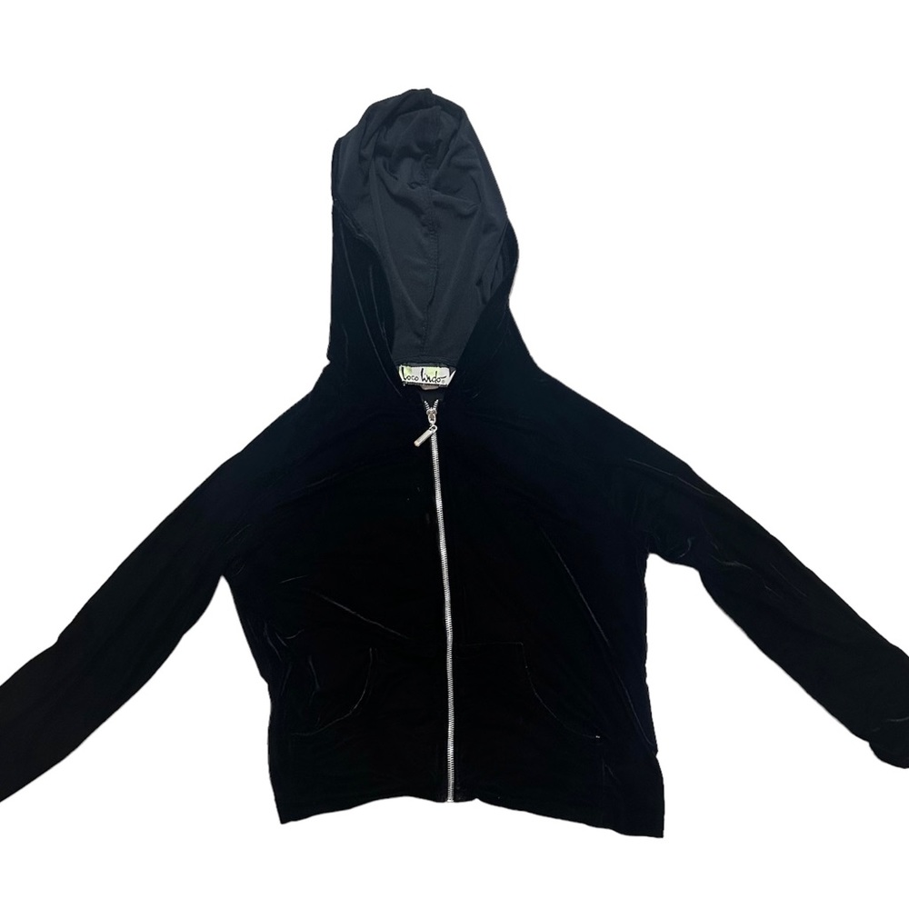 Vtg Y2K Loco Lindo Black Velour Velvet Hoodie Track Zip Jacket Sz L w/Paper Tag